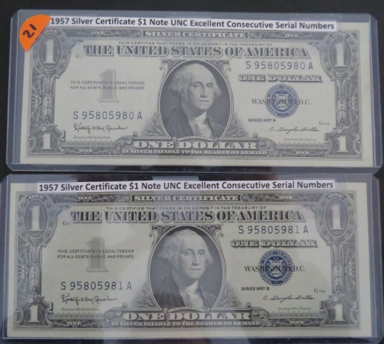 (2) 1957 Silver Certificate $1 Note, Consecutive Serial Numbers