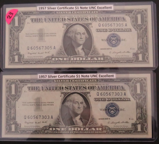 (2) 1957 Silver Certificate $1 Note