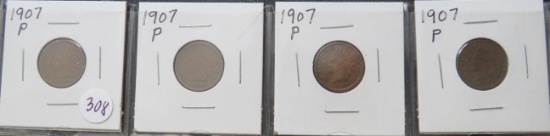 1907- (4) Indian Head Cents