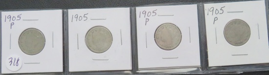 1905- (4) Liberty "V" Nickels