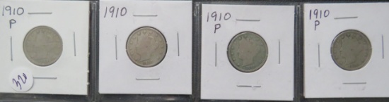1910- (4) Liberty "V" Nickels