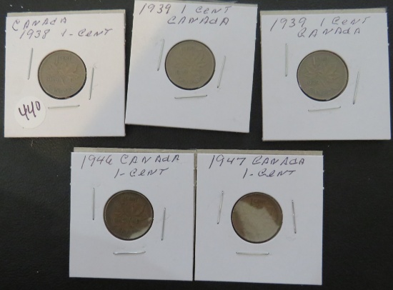 (5) 1938-1947 Canadian 1 Cents