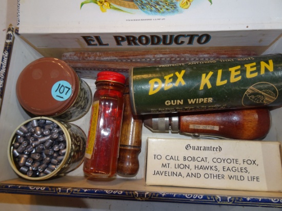 2 tins 5mm pellets, 2 predator calls, vintage DEX Klen gun wipes