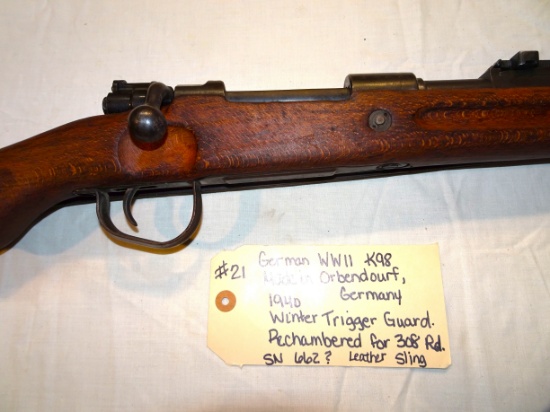 German WWII K98 Made in Orbendourf, Germany Winter Trigger Guard Rechambered for 308 rounds, Leather
