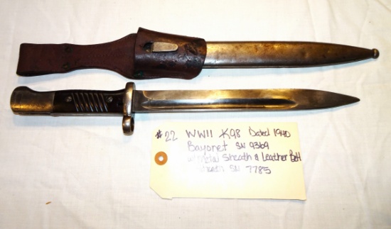 WWII K98 Bayonet w/Metal Sheath & Leather Belt Sheath Dated 1940