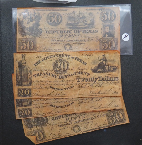 (4) Reproduction $20 & $50 Republic of Texas Notes