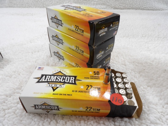 200 Rds 4 Boxes Armscor 22 TCM Centerfire 40 gr JHP