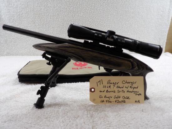 Ruger 22 LR Charger Blued w/Bipod & Burris 2x-7x Handgun Scope in Ruger Soft Case NIB
