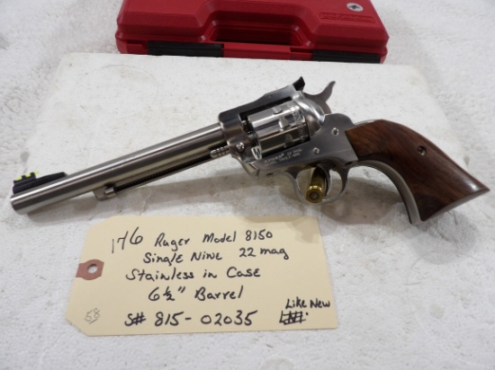 Ruger Model 8150 Single Nine 22 Mag Satin Stainless in Case 6 1/2" Barrel Like New