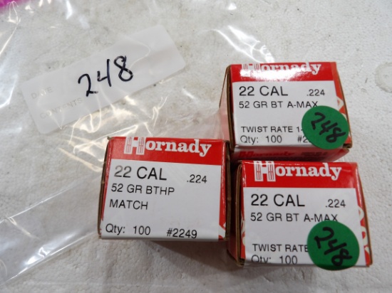 300 Rds 3 Boxes Hornady 22 Cal 52 gr BT A-Max Bullets