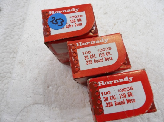 300 Rds 3 Boxes Hornady 30 Cal 130 & 150 gr Rd Nose & Spire Point Bullets
