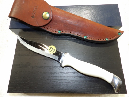 Cutco Serrated Hunting in Sheath White Handle 5 1/4" Blade 10 1/4" Total Length NIB