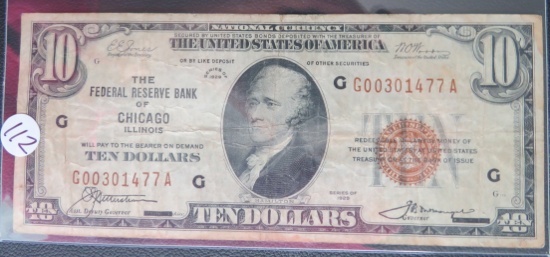 1929- $10.00 Dollar Red Seal Federal Reserve Bank of Chicago