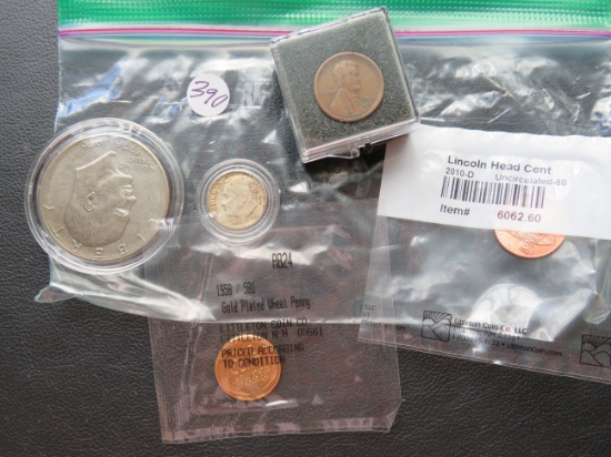 2010-D Lincoln Head Cent, 1958- Gold Plated Wheat Penny,  Lincoln Penny, Eisenhower Dollar, Roosevel