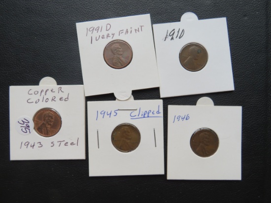 1943 Steel, 1945, 1946, 1991-D,1910 Lincoln Pennies