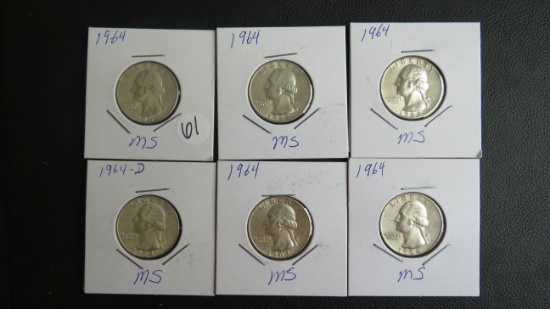 (5) 1964, (1) 1964-D Washington Quarters