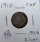 1910- Canada Silver 5 Cent Piece
