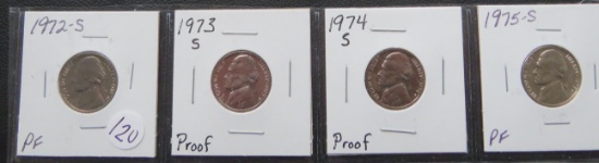 1972-S, 1973-S, 1974-S, 1975-S Proof Jefferson Nickels