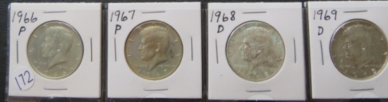 1966-P, 1967-P, 1968-D, 1969-D Kennedy Half Dollars