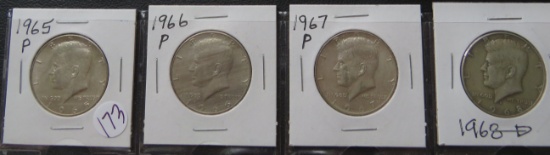 1965-P, 1966-P, 1967-P, 1968-D Kennedy Half Dollars