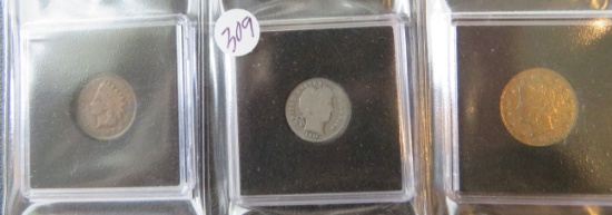 1907-Indian Head Penny, 1911-Barber Dime, 1912- Liberty Head Nickel
