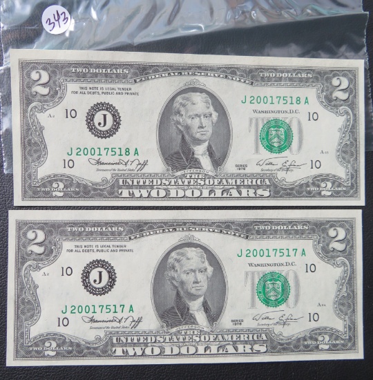 (2) 1976 $2 Bills, Consecutive Serial Number