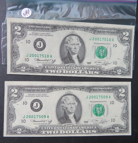 (2) 1976- $2 Bill, Consecutive Serial Number
