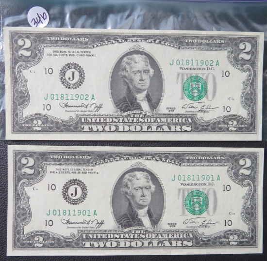 (2) 1976- $2 Bill, Consecutive Serial Number