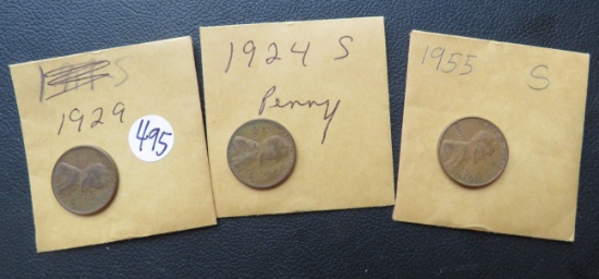 1929, 1924-S, 1955-S Lincoln Pennies