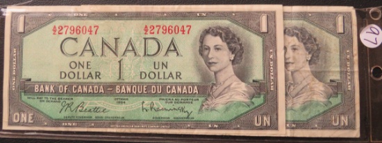 (2) Canda 1954- One Dollar Notes