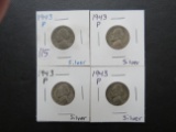 (4) 1943-P Silver WW2 era Jefferson Nickels