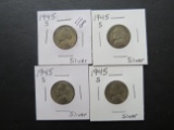 (4) 1945-S Silver WW2 era Jefferson Nickels