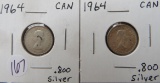 (2) 1964- Canada Silver Dimes