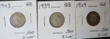 1929, 1939, 1943- Great Britain Silver 6 Pence