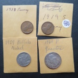 1928,1919S,Cents, 1929 Buff Nickel, 1960 Quarter