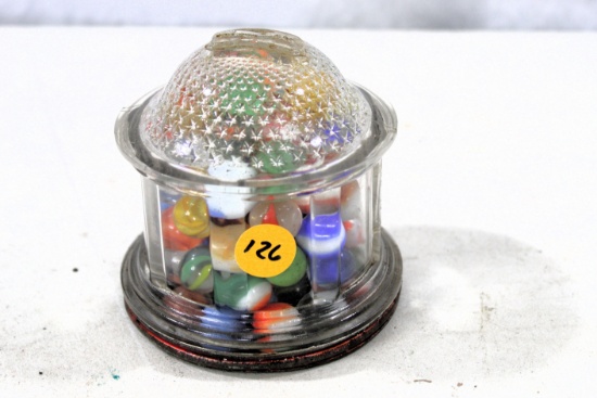 Glass jar bank W/marbles  -advertising