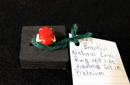Natural coral ring set in platinum
