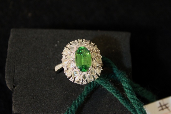 Tsavorite garnet over 2 carats of diamonds ring