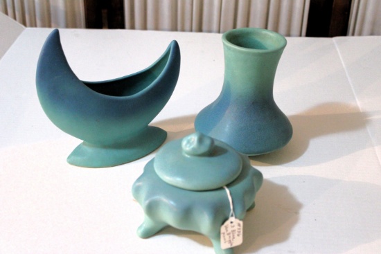 3 blue Van Briggle pieces