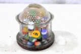 Glass jar bank W/marbles  -advertising