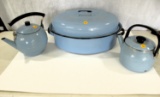 Blue Club aluminum roaster & 2 teapots