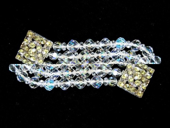 Beautiful AB Glass Three Strand Bracelet with Rhinestone Clasp 7" long 1" wide