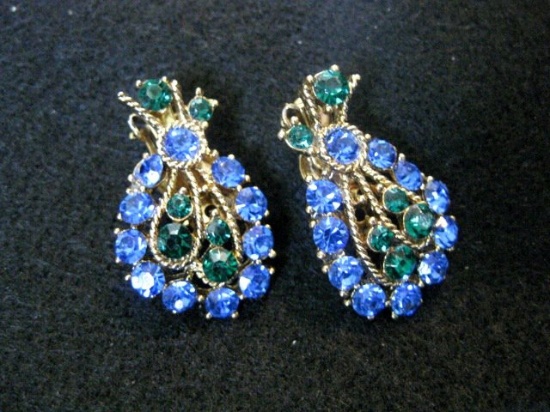 Lovely Blue Green Rhinestone Clip Earrings
