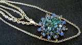 Fabulous Blue Green Rhinestone Multistrand Pendant Necklace