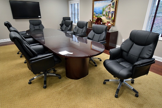 Wood conference table with glass top 46"W x 144"L x 29 1/2 H & 10 leather chairs