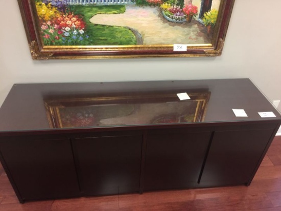 Wood credenza with glass top 72"W x 20"D x 30"H
