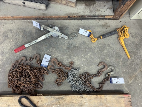 A Group of Chain And Hook Lengths, Cable Ratchet Pully, And Ratcheting Tie Down