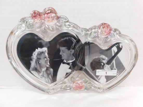 DOUBLE CRYSTAL HEART & ROSES PICTURE FRAME 11"x7.5"