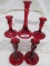 5 PC. RED GLASS CANDLESTICK HOLDERS