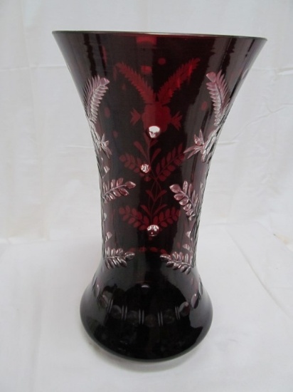 RUBY RED CUT TO CLEAR VASE 8"